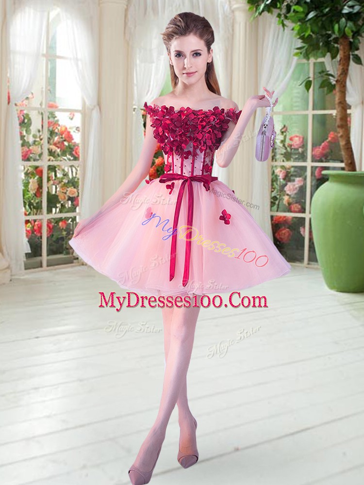 A-line Prom Dress Pink Off The Shoulder Tulle Sleeveless Mini Length Lace Up