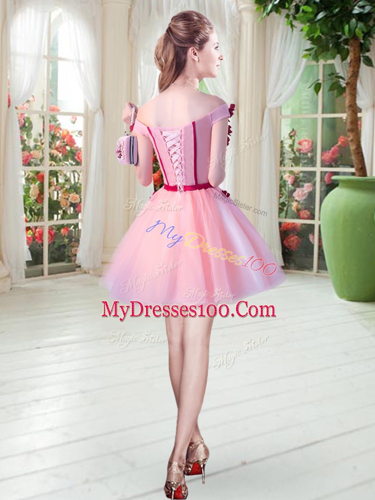 A-line Prom Dress Pink Off The Shoulder Tulle Sleeveless Mini Length Lace Up