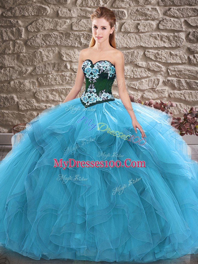 Floor Length Blue Quince Ball Gowns Tulle Sleeveless Beading and Embroidery