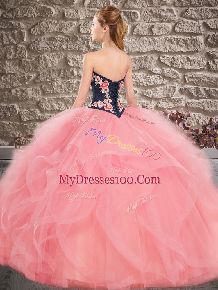 Floor Length Blue Quince Ball Gowns Tulle Sleeveless Beading and Embroidery
