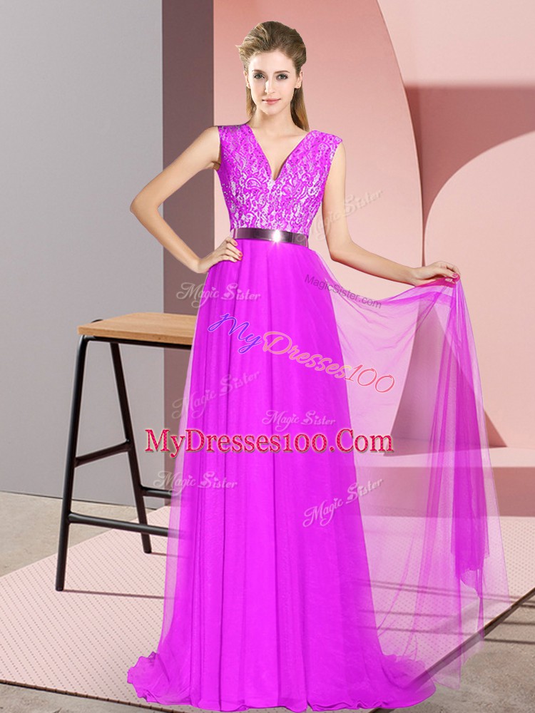 Low Price Purple Sleeveless Sweep Train Zipper Dress for Prom for Prom and Party and Military Ball