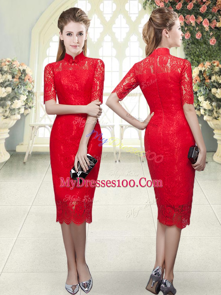 Enchanting Column/Sheath Prom Evening Gown Red High-neck Half Sleeves Tea Length Zipper