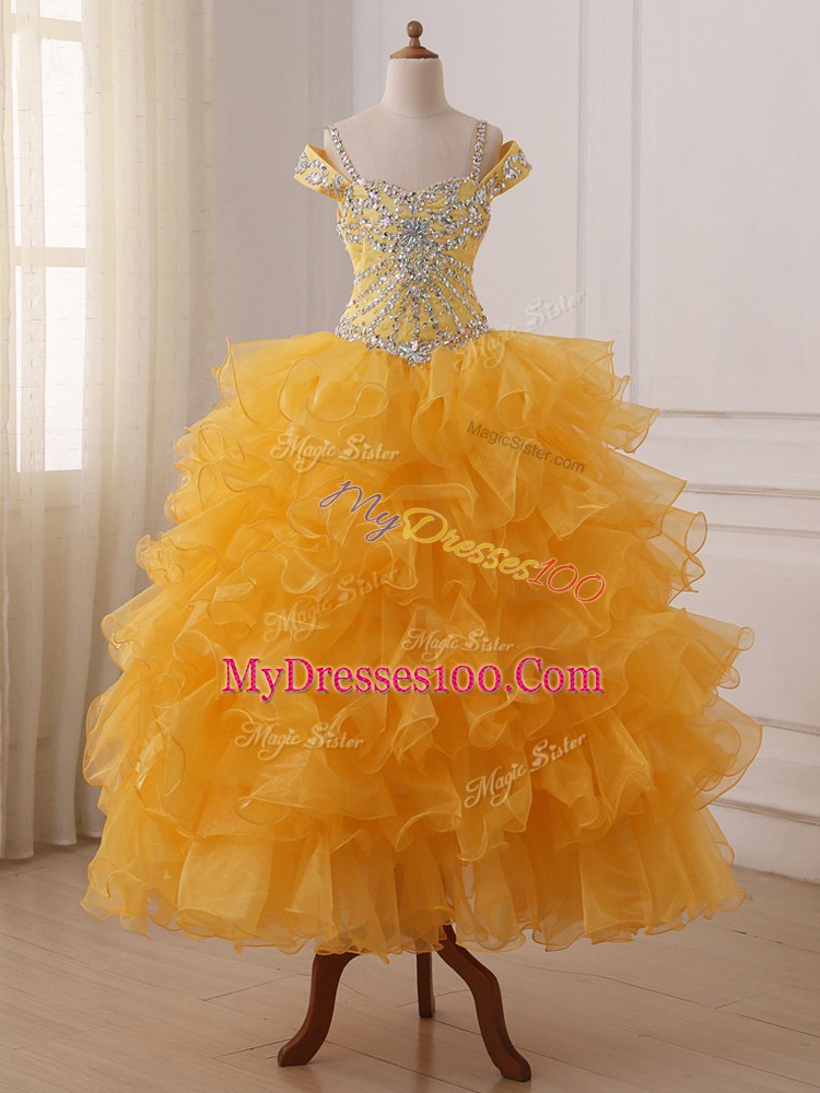 Graceful Gold Organza Lace Up Off The Shoulder Sleeveless Floor Length Glitz Pageant Dress Beading and Ruffled Layers