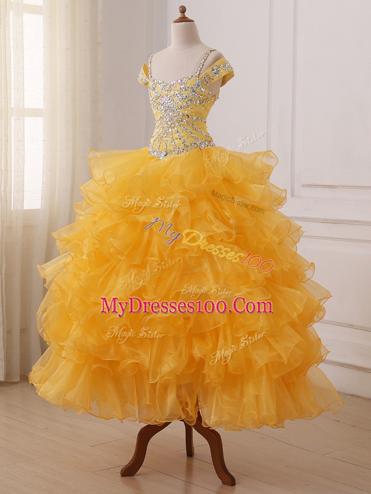 Graceful Gold Organza Lace Up Off The Shoulder Sleeveless Floor Length Glitz Pageant Dress Beading and Ruffled Layers