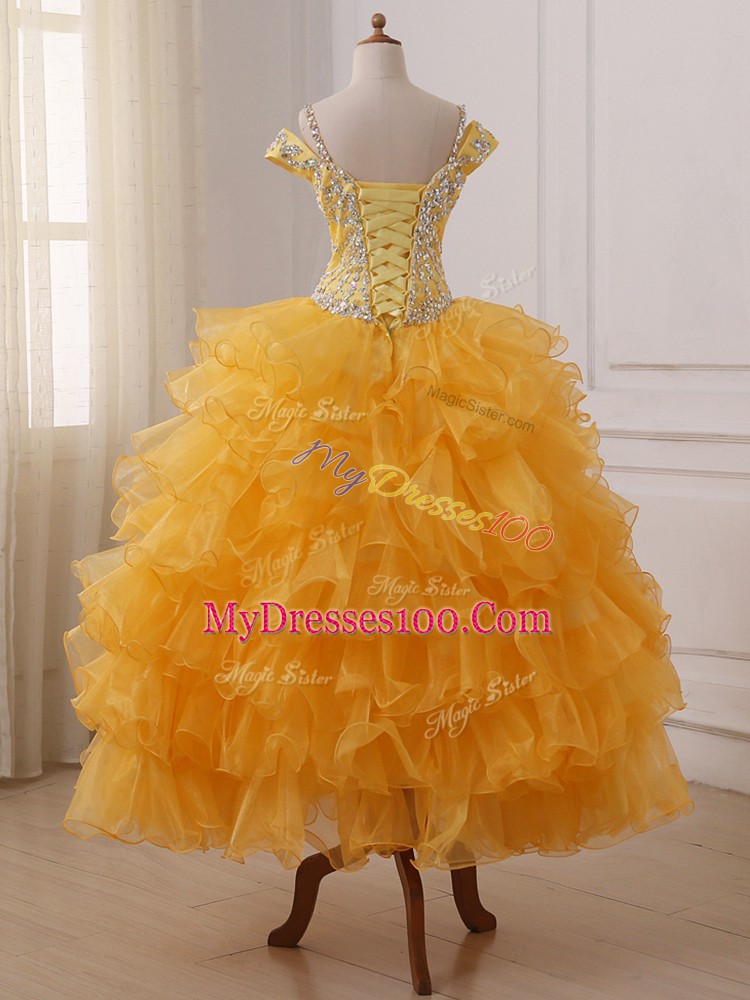 Graceful Gold Organza Lace Up Off The Shoulder Sleeveless Floor Length Glitz Pageant Dress Beading and Ruffled Layers