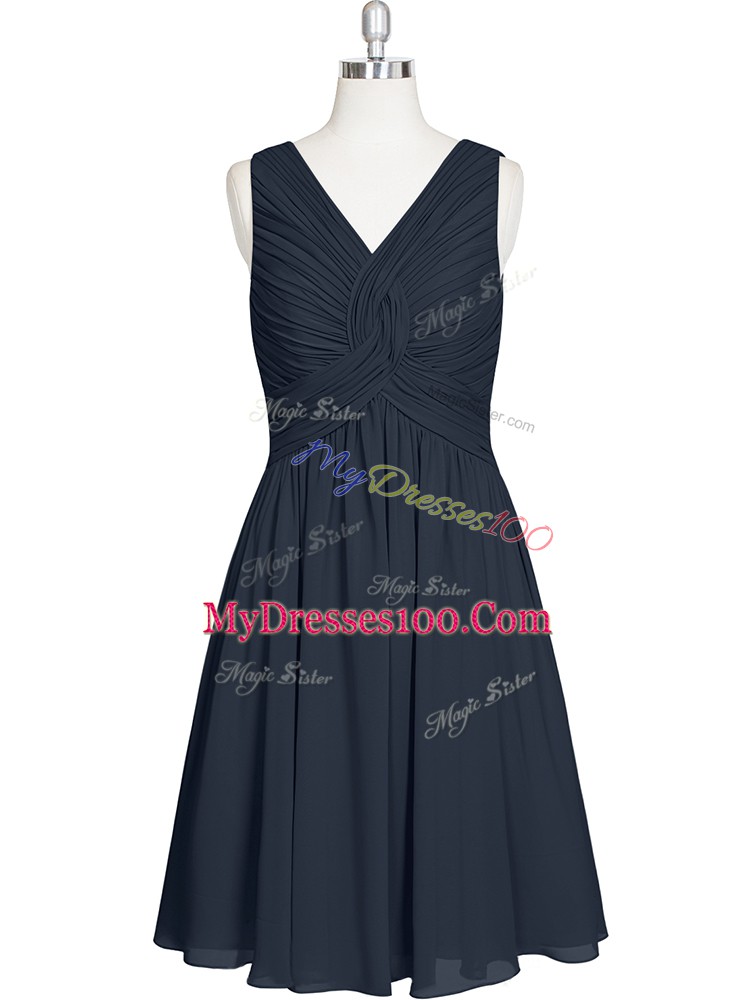Superior Black Zipper V-neck Ruching Evening Dress Chiffon Sleeveless