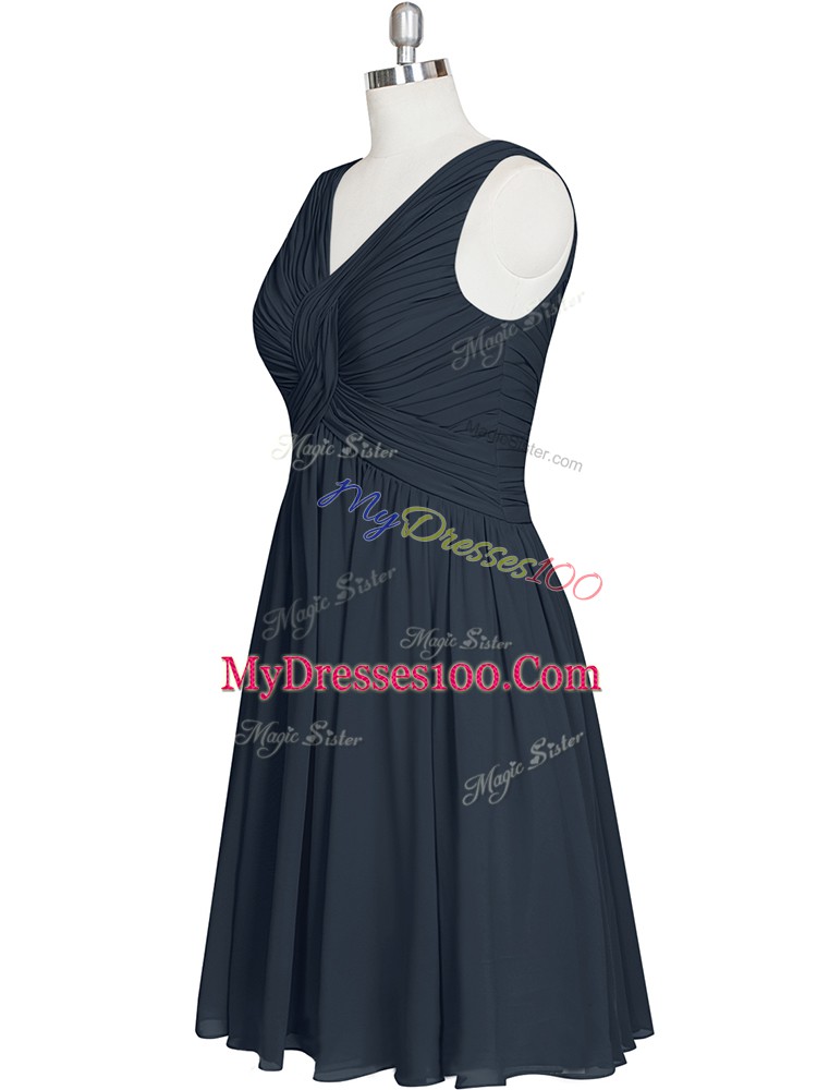 Superior Black Zipper V-neck Ruching Evening Dress Chiffon Sleeveless