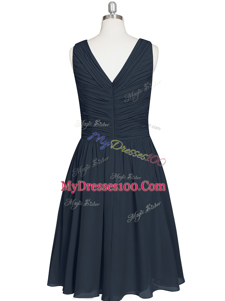 Superior Black Zipper V-neck Ruching Evening Dress Chiffon Sleeveless