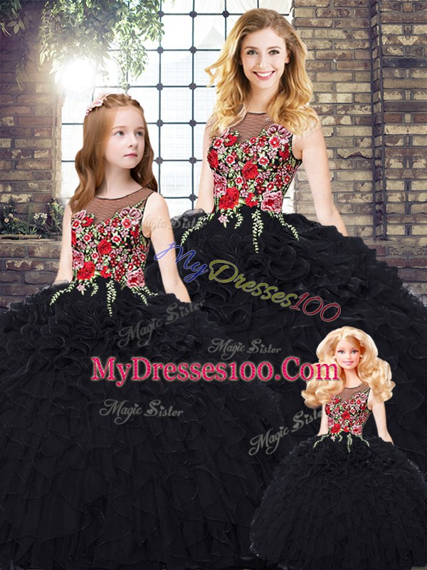 Stylish Black Sleeveless Embroidery and Ruffles Floor Length Ball Gown Prom Dress