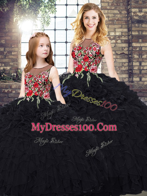 Stylish Black Sleeveless Embroidery and Ruffles Floor Length Ball Gown Prom Dress