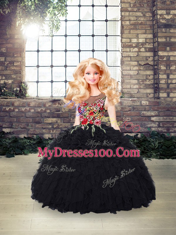 Stylish Black Sleeveless Embroidery and Ruffles Floor Length Ball Gown Prom Dress