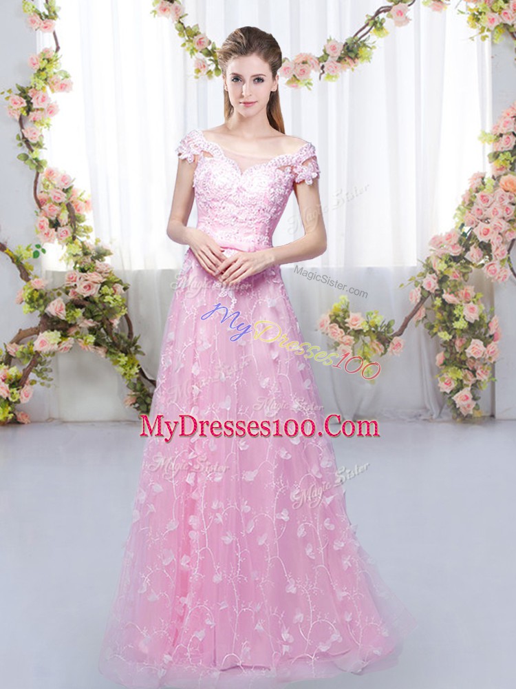 Cap Sleeves Tulle Floor Length Lace Up Court Dresses for Sweet 16 in Rose Pink with Appliques
