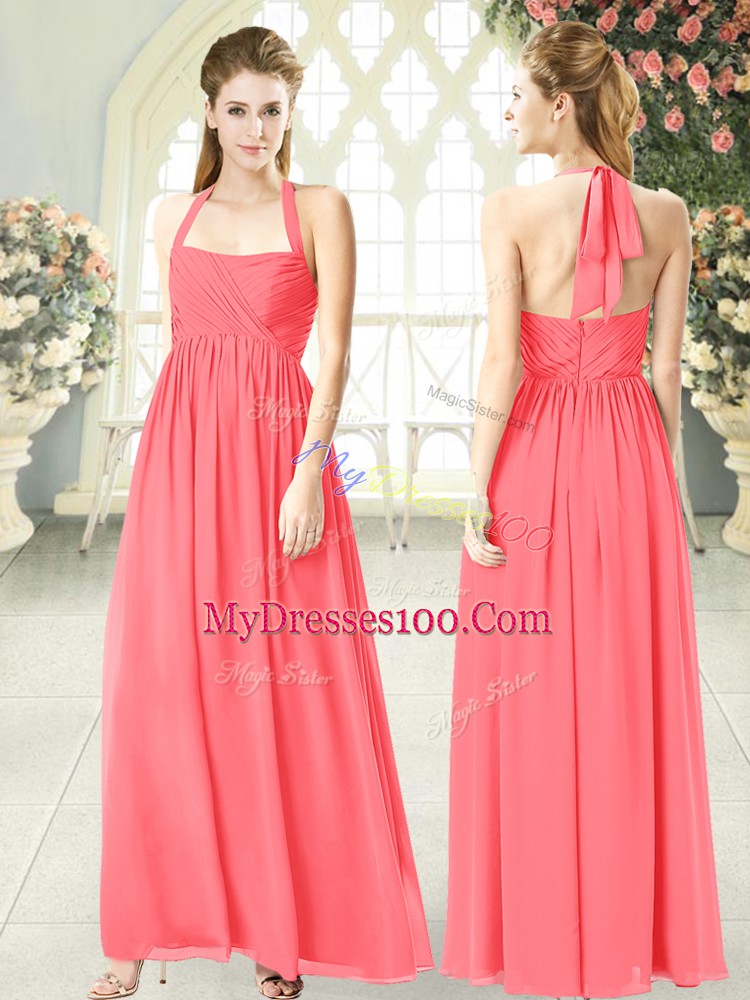 Exceptional Sleeveless Floor Length Ruching Zipper Evening Dresses with Watermelon Red