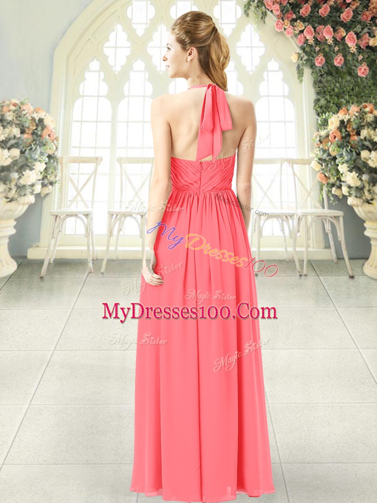 Exceptional Sleeveless Floor Length Ruching Zipper Evening Dresses with Watermelon Red