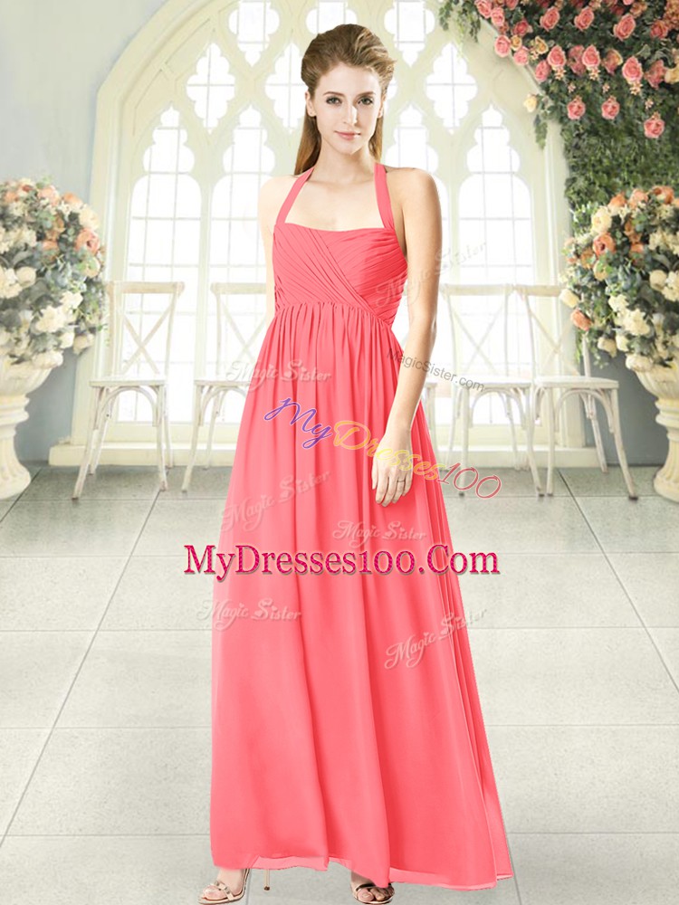 Exceptional Sleeveless Floor Length Ruching Zipper Evening Dresses with Watermelon Red
