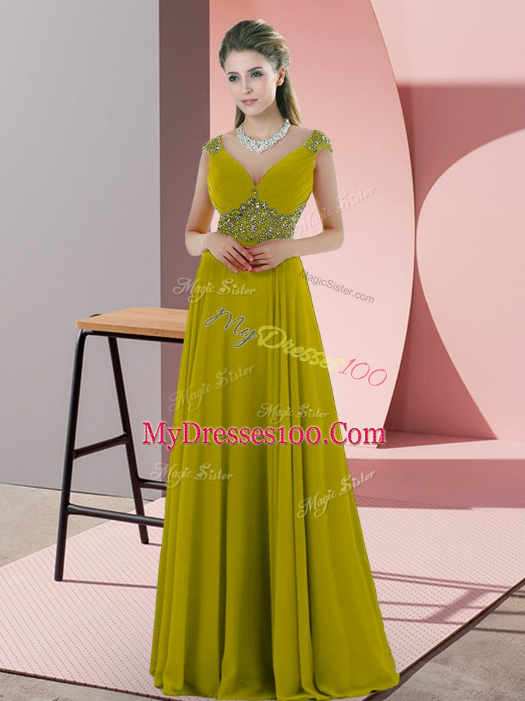 Olive Green Prom Dress Prom with Beading V-neck Cap Sleeves Backless
