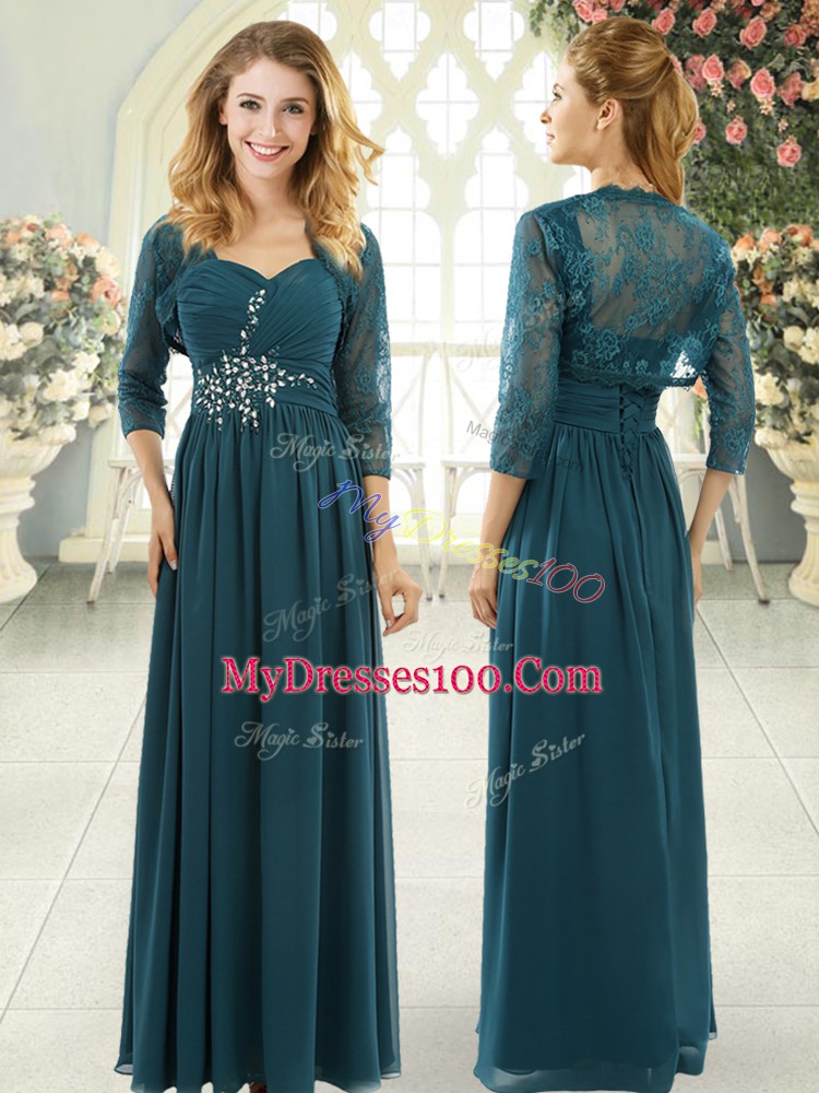 Fitting Teal Short Sleeves Beading and Ruching Zipper Dress for Prom