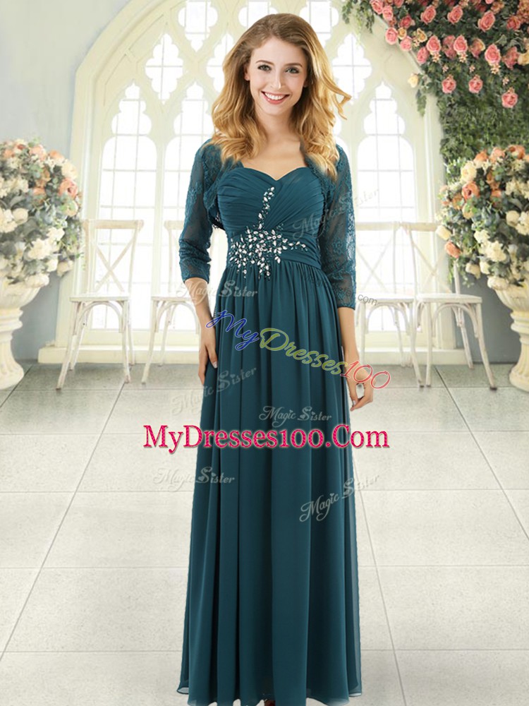 Fitting Teal Short Sleeves Beading and Ruching Zipper Dress for Prom