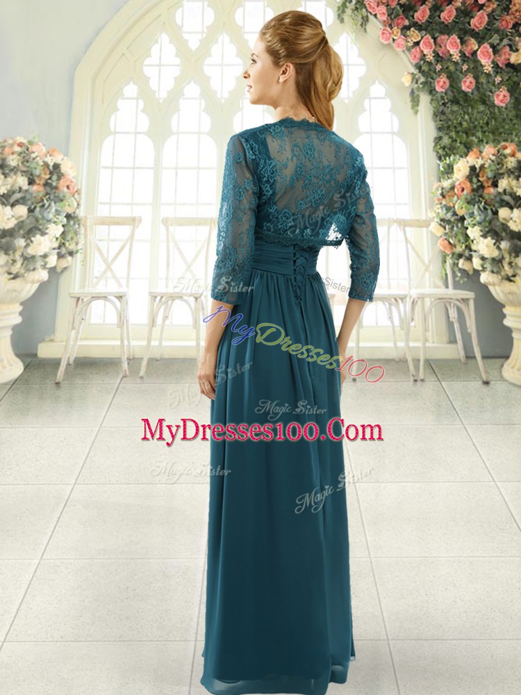 Fitting Teal Short Sleeves Beading and Ruching Zipper Dress for Prom