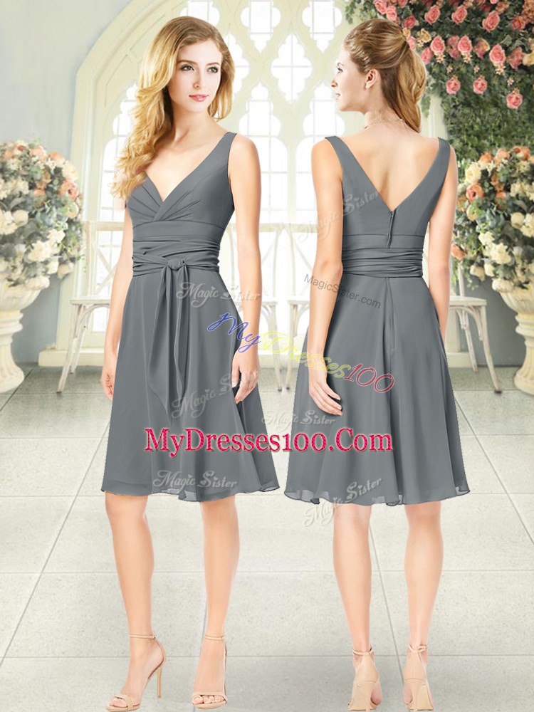Grey Zipper Evening Dress Ruching Sleeveless Knee Length