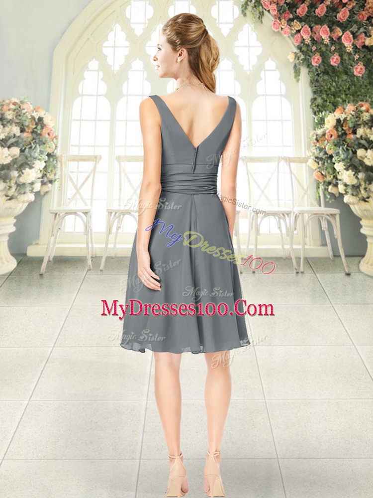 Grey Zipper Evening Dress Ruching Sleeveless Knee Length