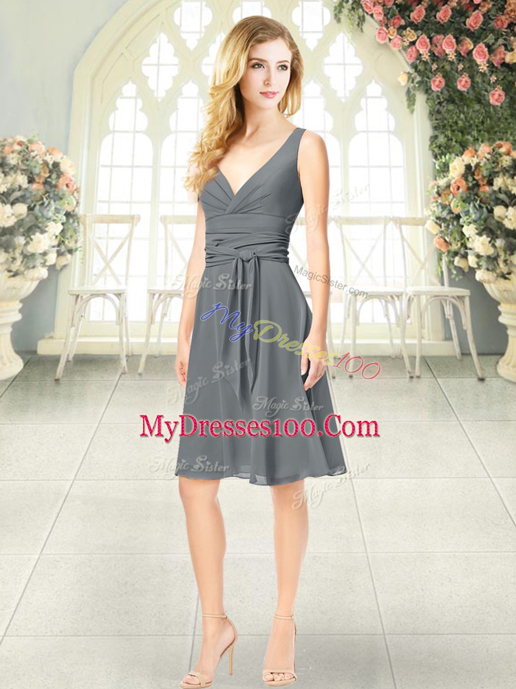Grey Zipper Evening Dress Ruching Sleeveless Knee Length