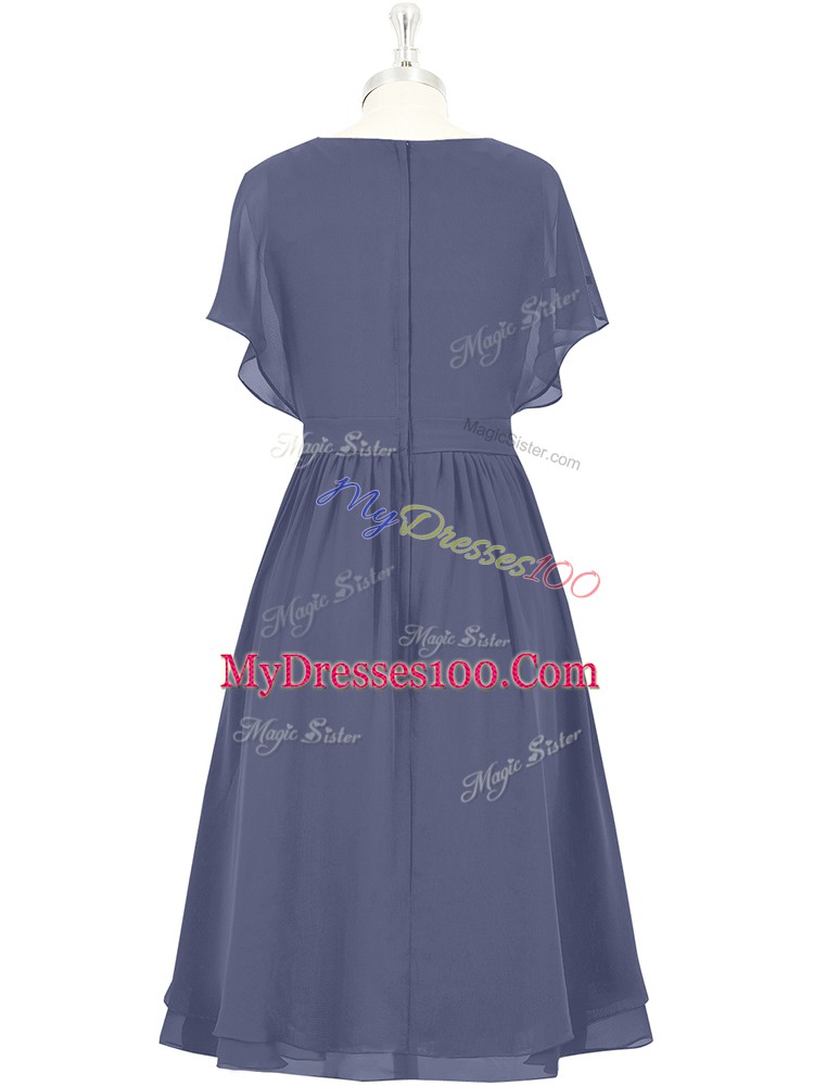 Blue Scoop Zipper Bowknot Prom Evening Gown Short Sleeves