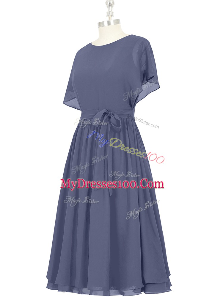 Blue Scoop Zipper Bowknot Prom Evening Gown Short Sleeves