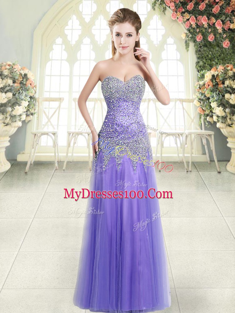 Shining Lavender Column/Sheath Tulle Sweetheart Sleeveless Beading Floor Length Zipper Evening Dress