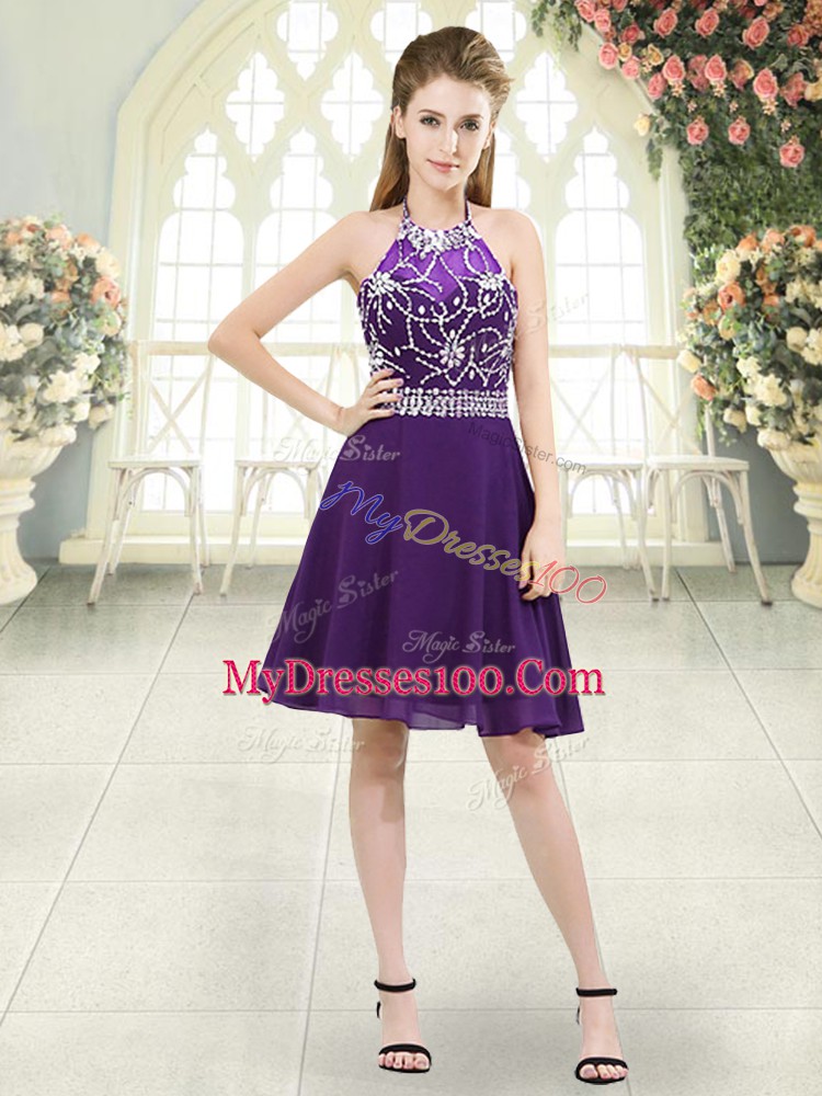 Knee Length A-line Sleeveless Eggplant Purple Prom Dress Zipper