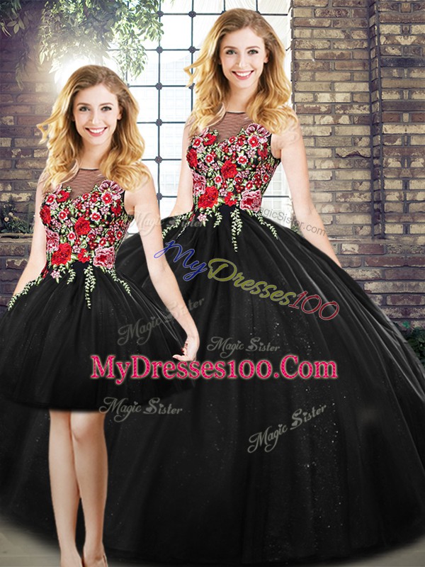 Classical Scoop Sleeveless Zipper Quinceanera Dresses Black Tulle