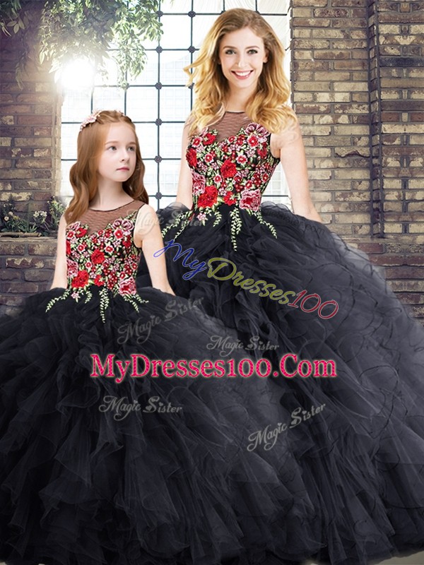 Sleeveless Zipper Floor Length Embroidery and Ruffles 15 Quinceanera Dress