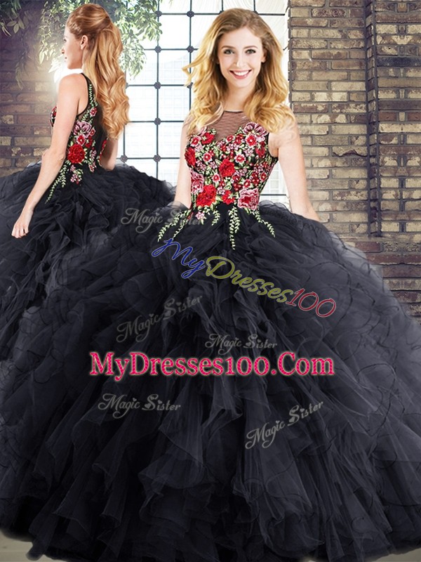 Sleeveless Zipper Floor Length Embroidery and Ruffles 15 Quinceanera Dress