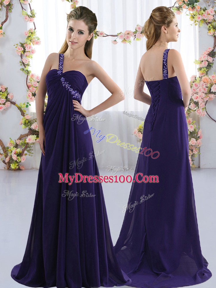 Sweet Brush Train Empire Vestidos de Damas Purple One Shoulder Chiffon Sleeveless Lace Up