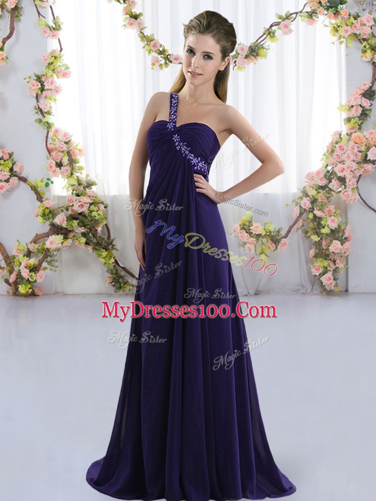 Sweet Brush Train Empire Vestidos de Damas Purple One Shoulder Chiffon Sleeveless Lace Up