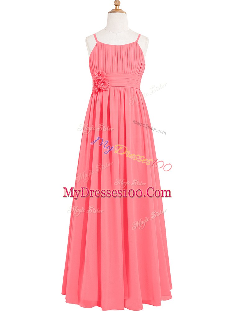 Clearance Watermelon Red Scoop Neckline Pleated and Hand Made Flower Prom Gown Sleeveless Zipper