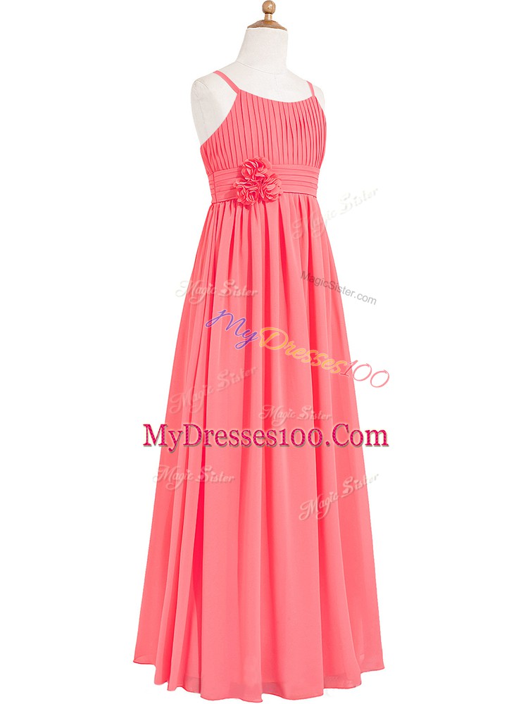 Clearance Watermelon Red Scoop Neckline Pleated and Hand Made Flower Prom Gown Sleeveless Zipper