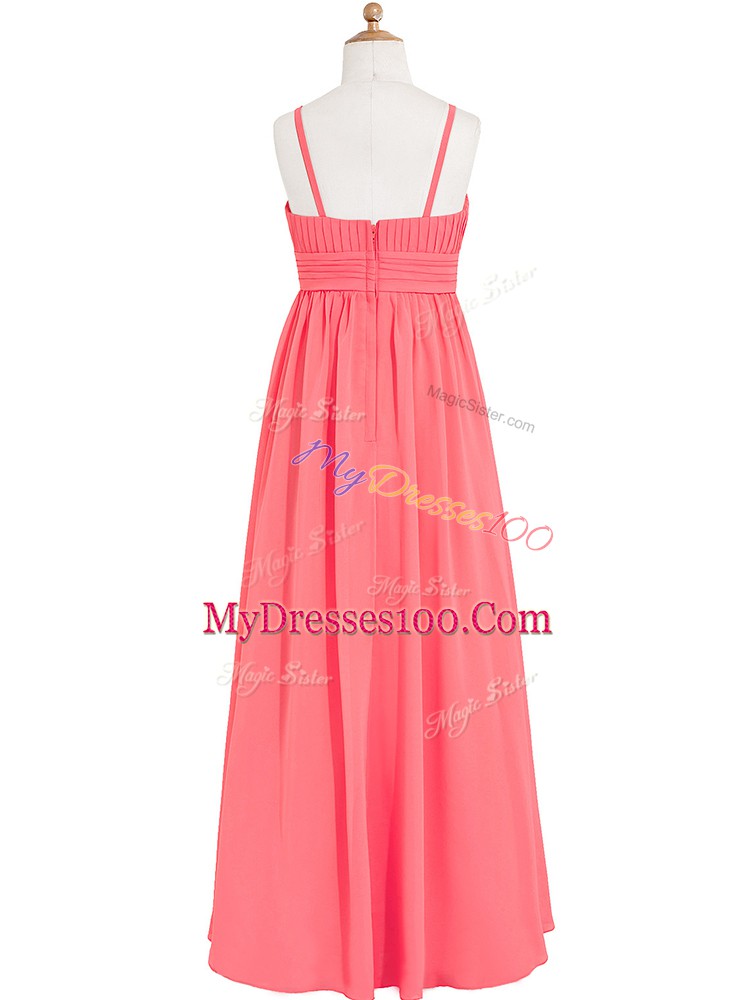 Clearance Watermelon Red Scoop Neckline Pleated and Hand Made Flower Prom Gown Sleeveless Zipper