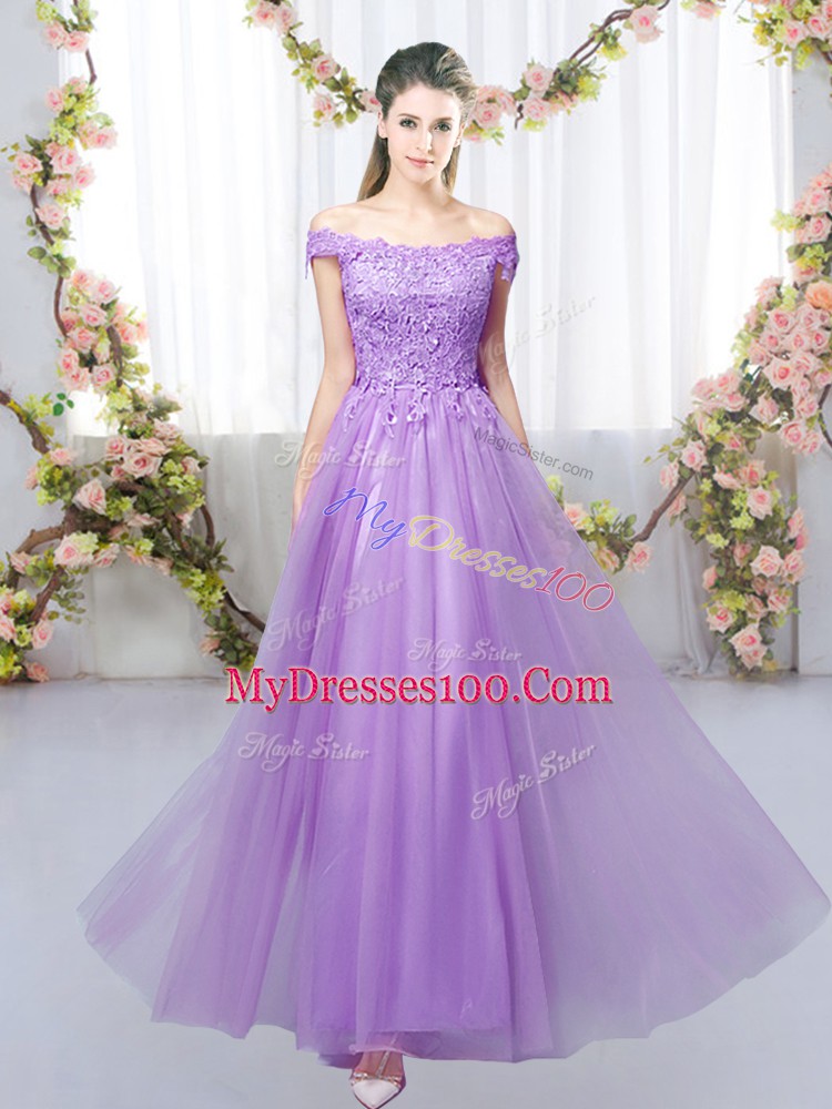 Pretty Off The Shoulder Sleeveless Quinceanera Court of Honor Dress Floor Length Lace Lavender Tulle