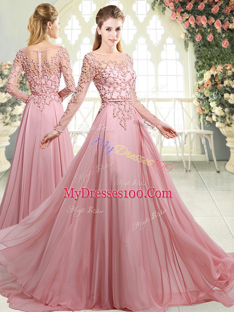 Chiffon Scoop Long Sleeves Sweep Train Zipper Beading Prom Party Dress in Pink