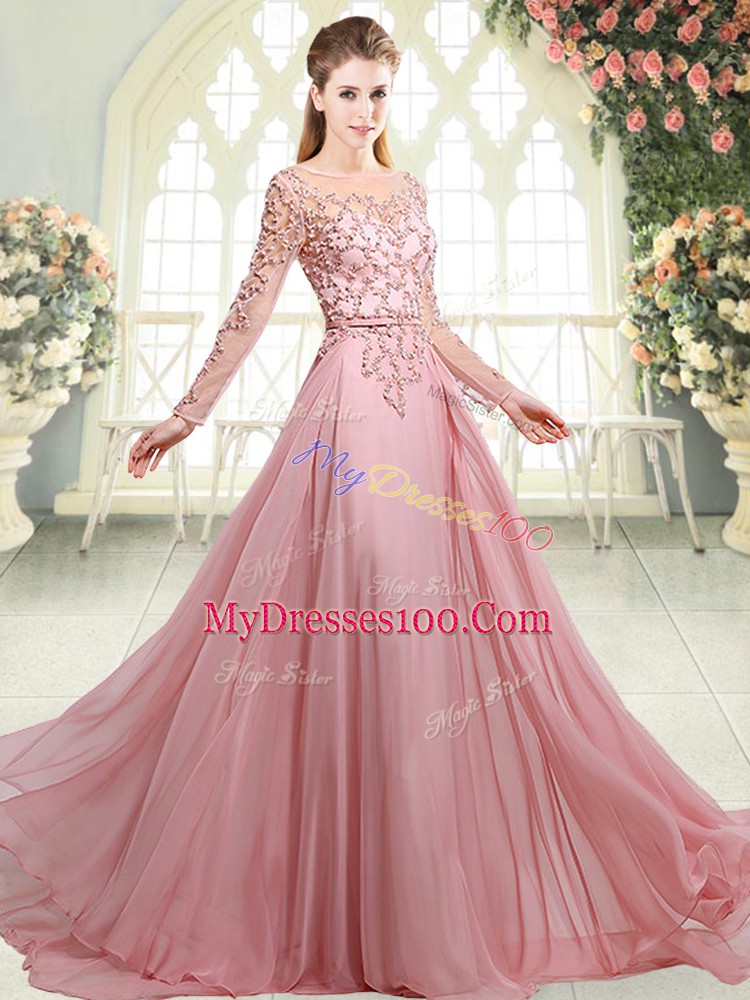 Chiffon Scoop Long Sleeves Sweep Train Zipper Beading Prom Party Dress in Pink
