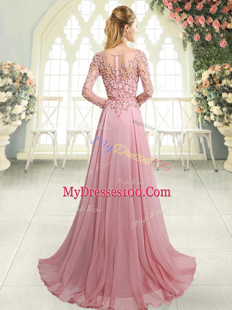 Chiffon Scoop Long Sleeves Sweep Train Zipper Beading Prom Party Dress in Pink