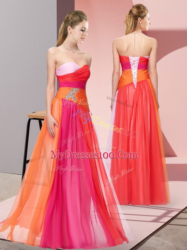 Artistic Multi-color Chiffon Lace Up Homecoming Dress Sleeveless Floor Length Beading