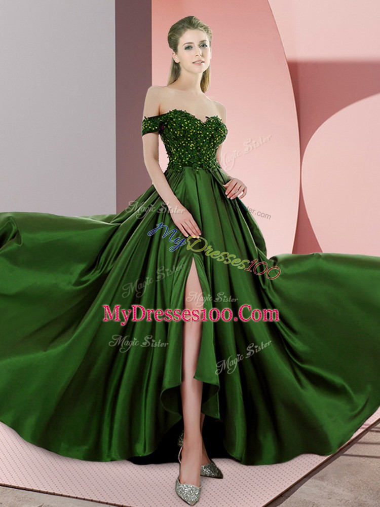 Green Prom Gown Off The Shoulder Sleeveless Sweep Train Backless