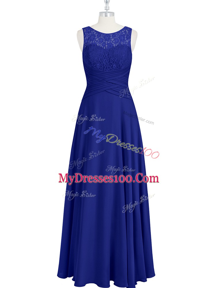 Fashion Royal Blue Sleeveless Floor Length Lace and Pleated Zipper Prom Party Dress