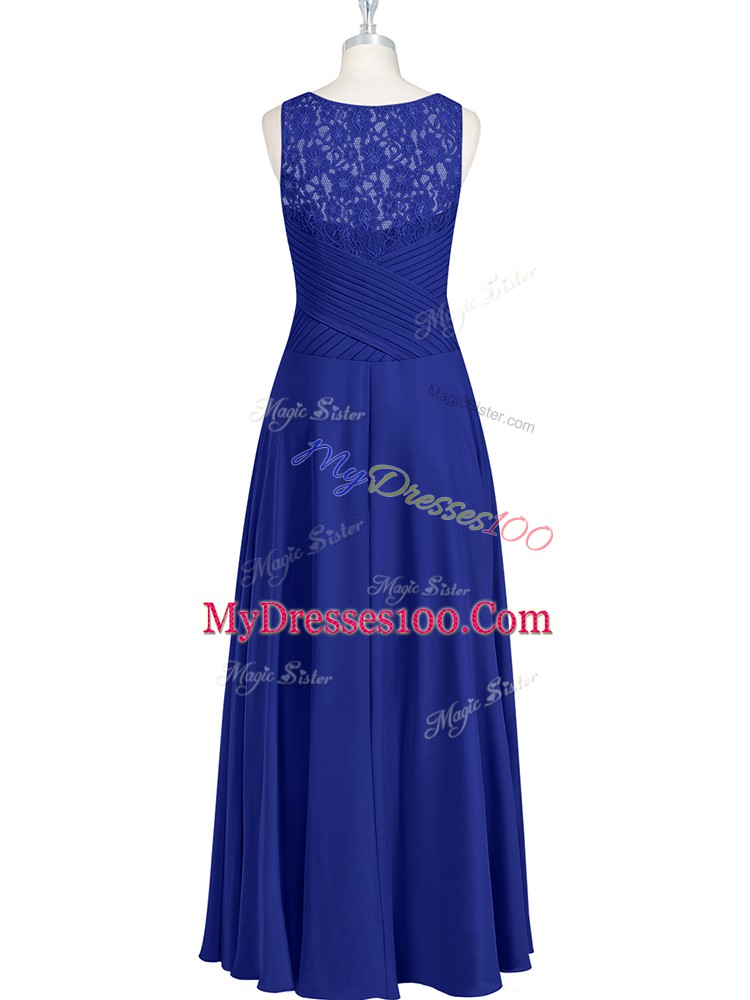 Fashion Royal Blue Sleeveless Floor Length Lace and Pleated Zipper Prom Party Dress