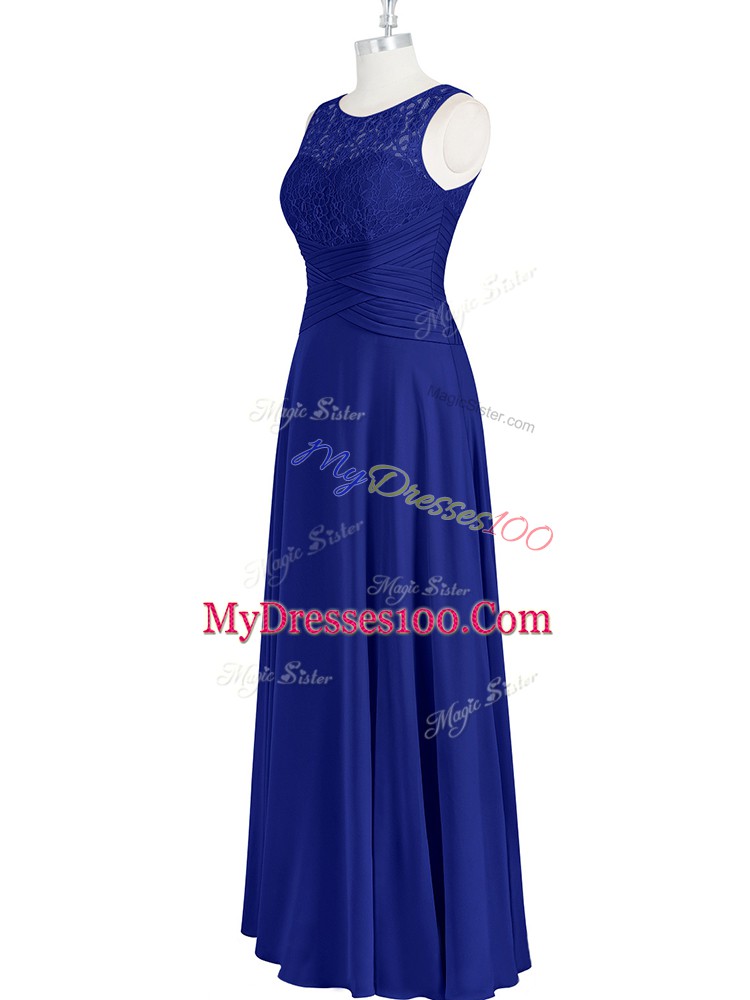 Fashion Royal Blue Sleeveless Floor Length Lace and Pleated Zipper Prom Party Dress