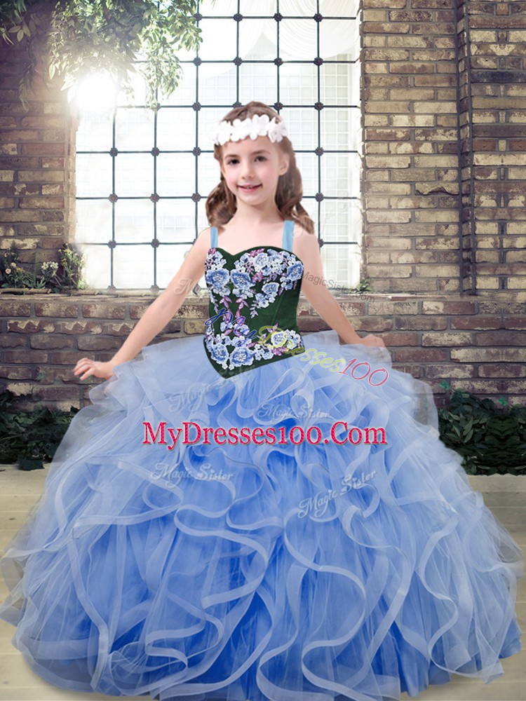 Excellent Floor Length Lace Up Pageant Dress for Womens Light Blue for Party and Wedding Party with Embroidery and Ruffles