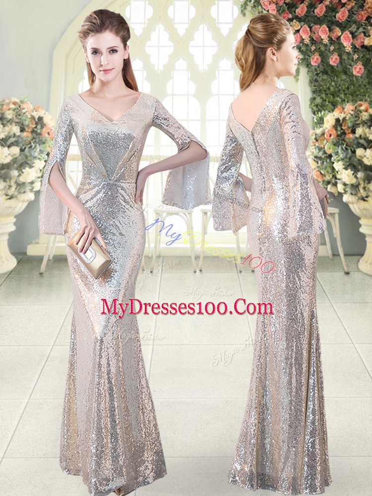 Trendy Long Sleeves Sequined Floor Length Homecoming Dress in Silver with Ruching