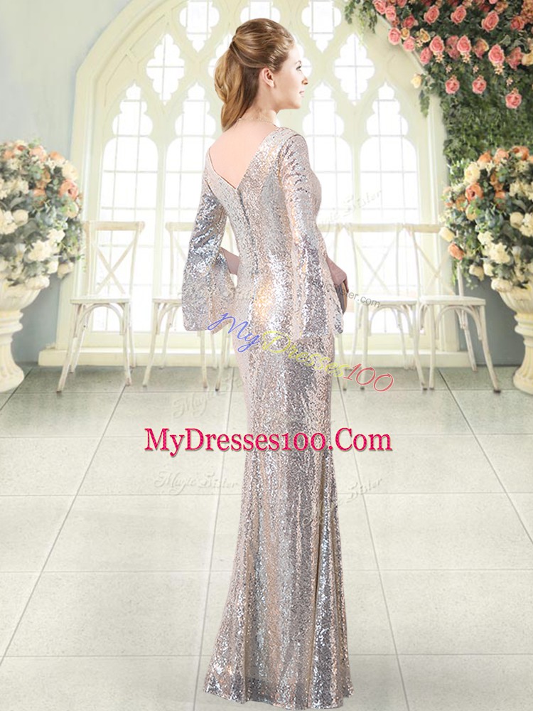 Trendy Long Sleeves Sequined Floor Length Homecoming Dress in Silver with Ruching